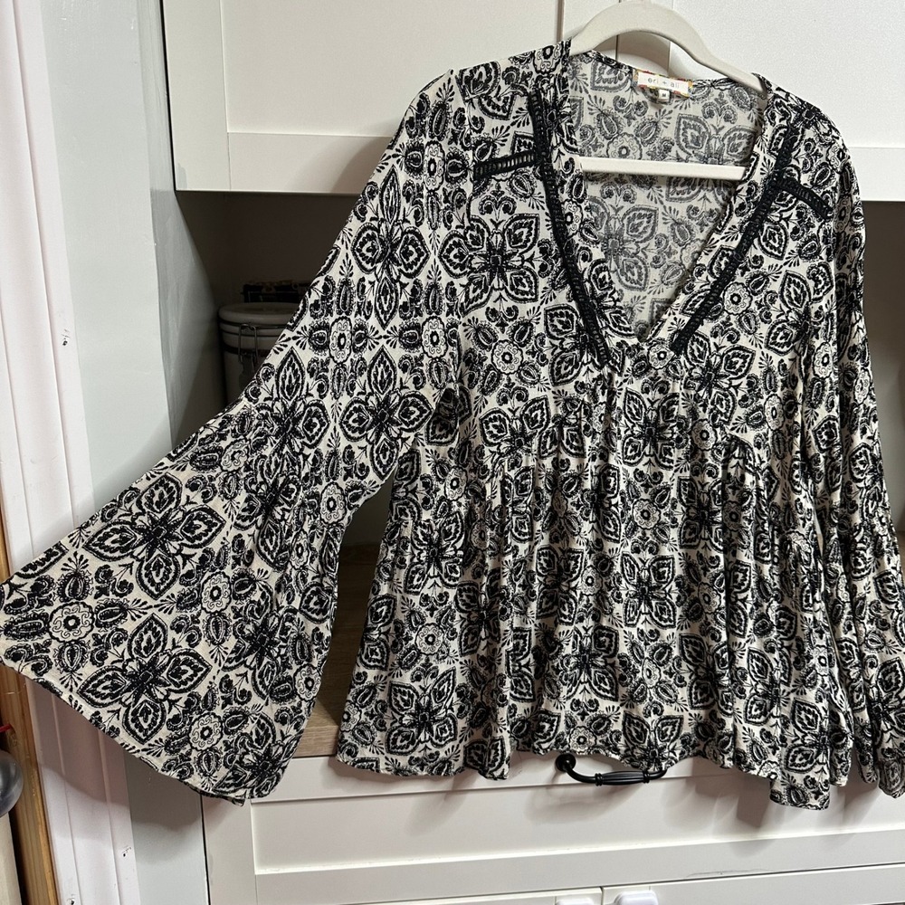 Anthropologie Eri + Ali Hervine Peasant Blouse Womens M Paisley Bell Sleeve Boho - Picture 2 of 12